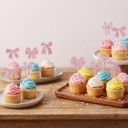 24 PCS Pink Bow Cupcake Toppers - Elegant Coquette Cake Decorations