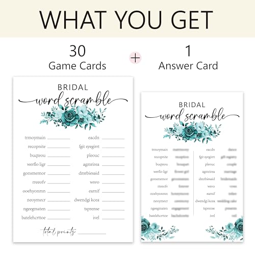 Bridal Shower Word Scramble Game Cards - Turquoise Floral Design