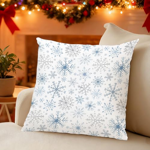 SDFKMLCDL Blue Silver Christmas Snowflake Pillow Cover 18x18 - Holiday Decor