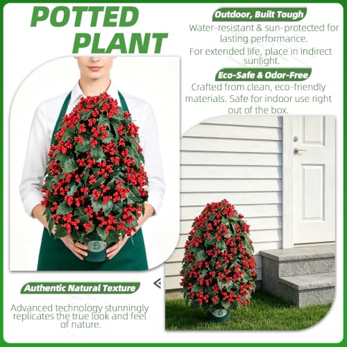 28-Inch Artificial Christmas Berry Plant in Pot - Red Holly Decor, Rustic Winter Holiday Indoor Outdoor