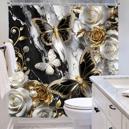 Riyidecor Black and Gold Marble Shower Curtain 72"x72" with Hooks