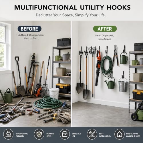 8-Pack Heavy Duty Metal Wall Hooks for Garage Storage, Black | LUPYJI