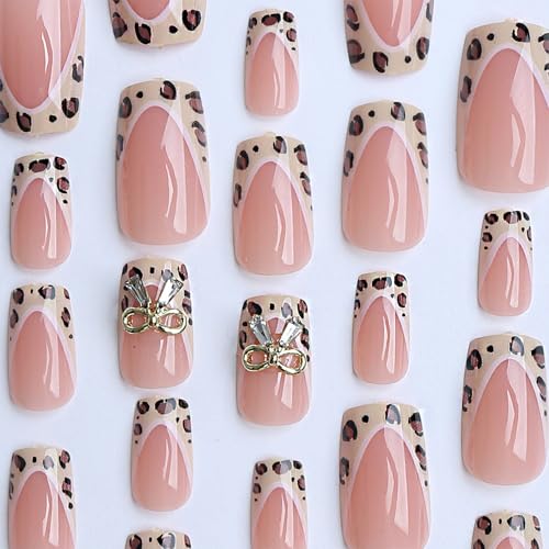 Square Medium Press on Nails French False Nails with Leopard and Bow Charms