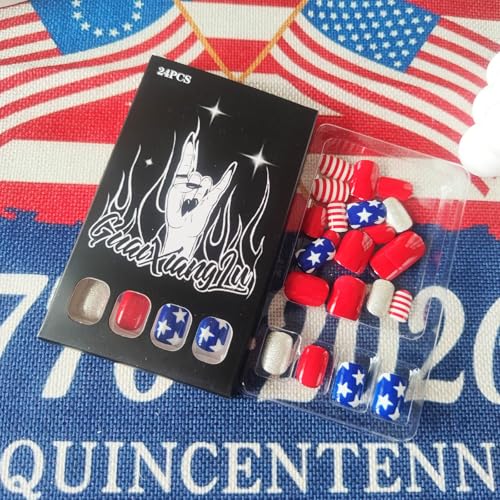 4th of July Press on Nails Short Square Silver Glitter Fake Nails