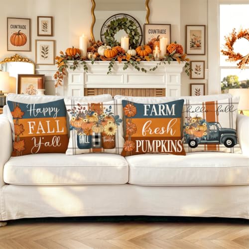 Fall Throw Pillow Covers 18x18, Set of 4 Autumn Pumpkin Harvest Cushion Cases