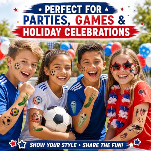 World Cup 2026 & 4th of July Temporary Tattoos - 115PCS Waterproof Soccer & USA Patriotic Fake Body Art