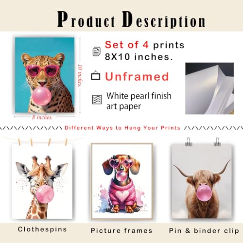 Funny Animal Wall Art Prints Set of 4 Trendy Bubble Gum Pictures 8x10