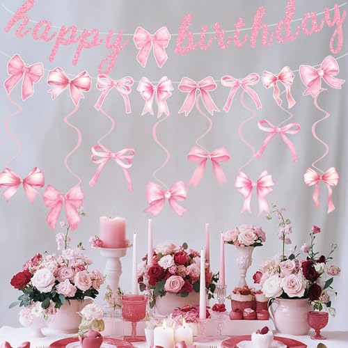 Pink Bow Birthday Party Decorations Set with Banner and Hanging Swirls