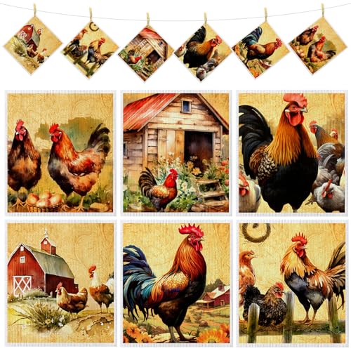 Chickens Retro Kitchen Dish Towels - 6 Pcs Reusable Cloths