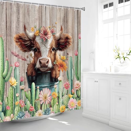 Farmhouse Highland Cow Shower Curtain - Rustic Bathroom Decor 70x70