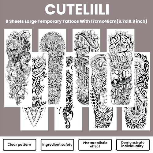 CUTELIILI Black Military Full Arm Temporary Tattoos 8 Sheets
