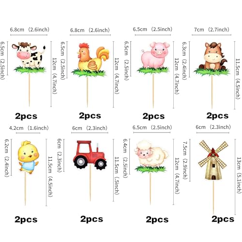 16 Farm Animal Cupcake Toppers - Birthday Party Decorations