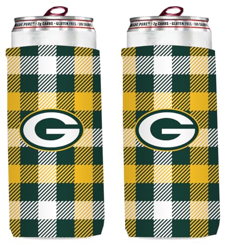 Green Bay Plaid Football 12oz Slim Can Holder Insulator - 2-Pack