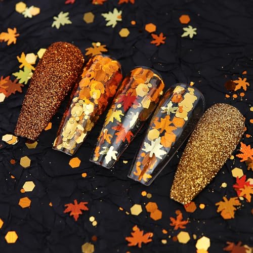 SARATA 6-Grid Maple Leaf Nail Art Glitter Sequins Fall Acrylic Nails Decor