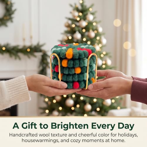Christmas Tree Wool Felt Coasters Set with Holder - 5 Pack, Handmade