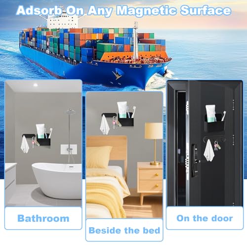 Magnetic Toothbrush Holder with Hooks - Black, No Drilling for Cruises