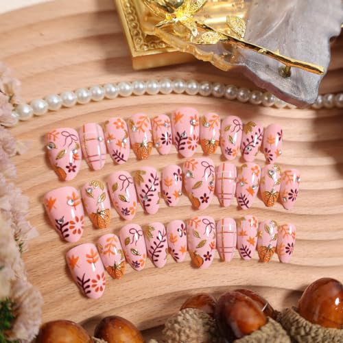 Fall Press On Nails Short Almond Thanksgiving Fake Nails with Rhinestones