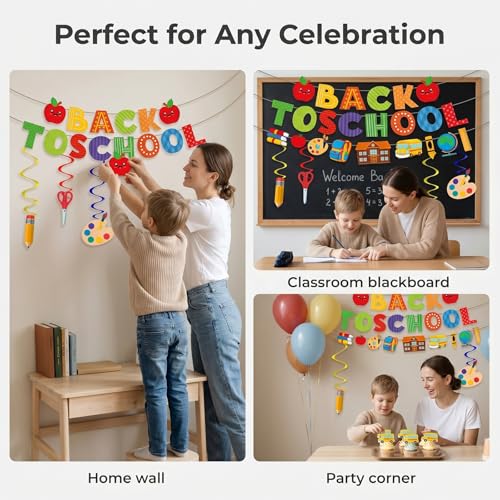Happy First Day of School Banner Set - Glitter Decor & Hanging Swirls