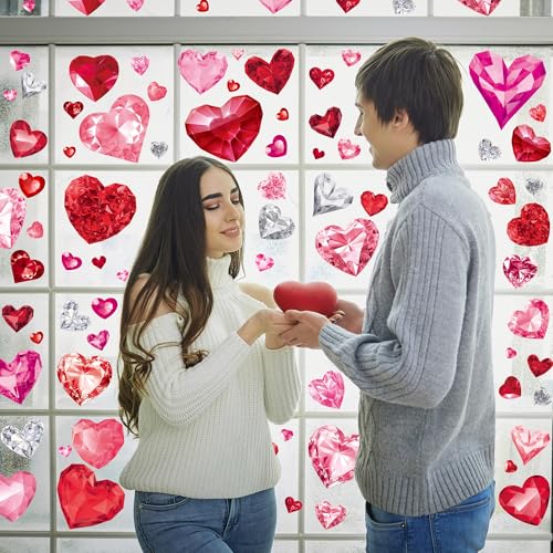 Valentine's Day Window Clings, 9 Sheets Double-Sided Diamond Heart Glass Stickers
