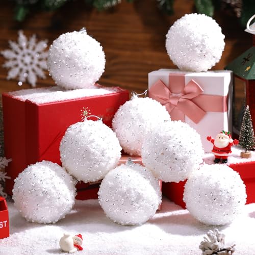 White Christmas Ball Ornaments 3.15 Inch Glitter Sequin Set of 8
