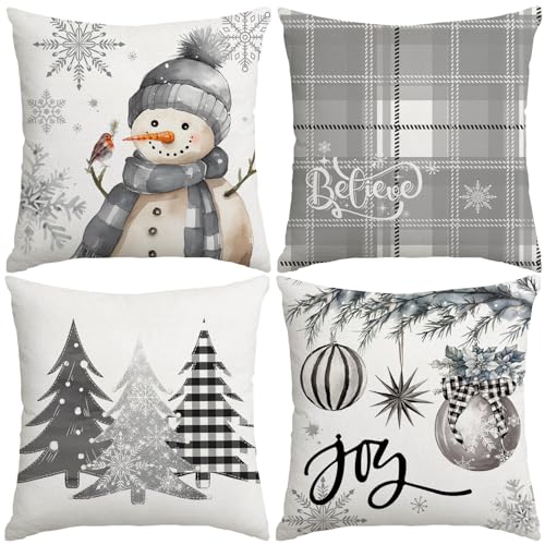 Artmag Christmas Pillow Covers Set of 4 - 16x16 Inch Snowman & Tree Designs