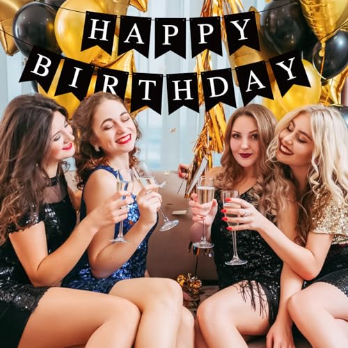 Black Happy Birthday Banner - 13 Flag Party Decoration