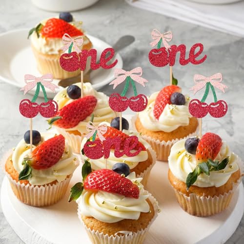24 Cherry Cupcake Toppers with Bows - Glittery Birthday Party Decor