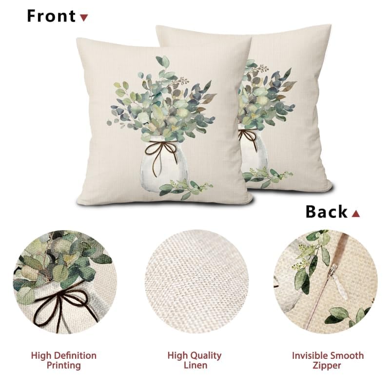 Eucalyptus Leaf Pillow Covers Set of 2 | 16x16 Inch Sage Green