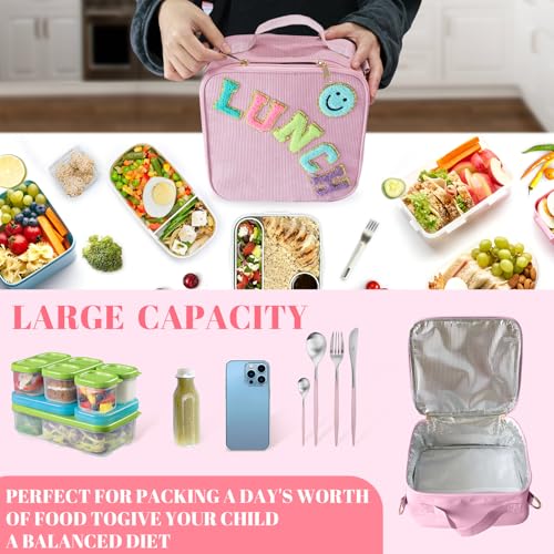 Pink Insulated Lunch Bag with Adjustable Strap - Corduroy Design