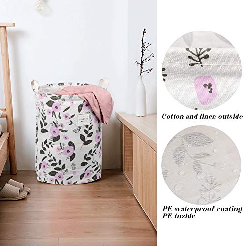 UUJOLY Waterproof Round Laundry Hamper - Collapsible Cotton Linen Basket, 19.7x15.7 in, Purple