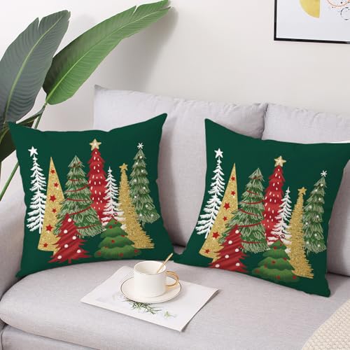 Green-02 Christmas Tree Throw Pillow Covers, 18x18 Inch Linen Set of 2