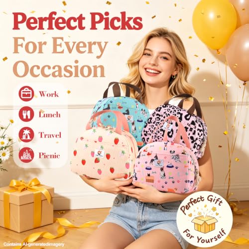 CaCTOUR Small Strawberry Corduroy Insulated Lunch Bag for Women & Girls