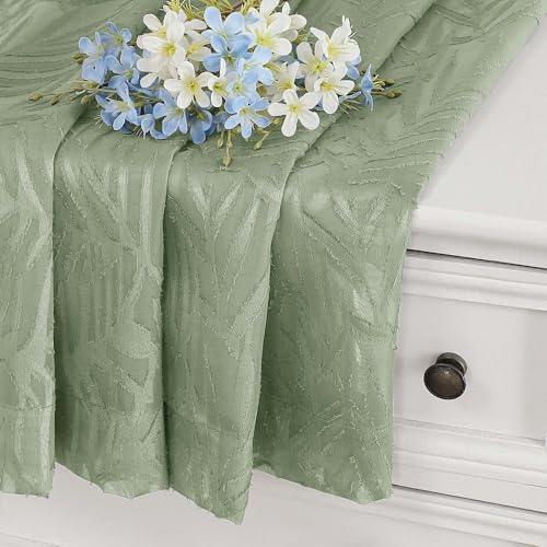 OVZME Sage Green Sheer Curtains 63 Inch Length, Leaf Jacquard 2-Panel Set