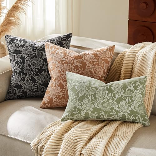 Floral Jacquard Throw Pillow Covers, 18x18 Caramel Cotton Set of 2