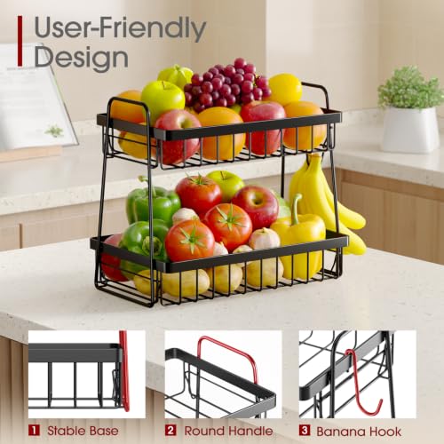 Black 2-Tier Fruit Basket with Removable Banana Hanger - Space-Saving Kitchen Organizer
