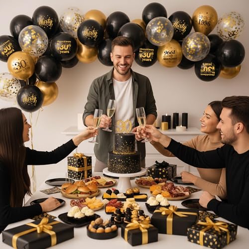 30th Birthday Balloons Set - 34Pcs Black and Gold Latex