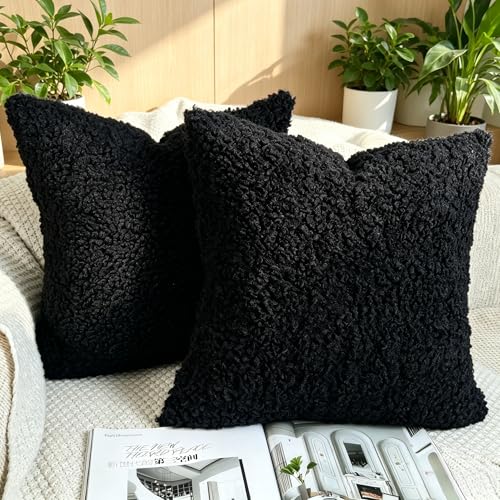 OYIMUA Black Faux Fur Boucle Throw Pillow Covers 20x20, Set of 2