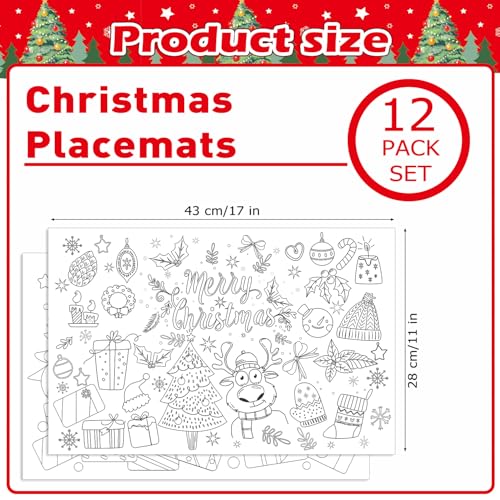 Merry Christmas Disposable Kids Place Mats - 12 Coloring Sheets 17x11 Inches