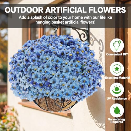 Powbrace 22-Pack Artificial Flowers, UV-Resistant Silk Fake Plants - Blue
