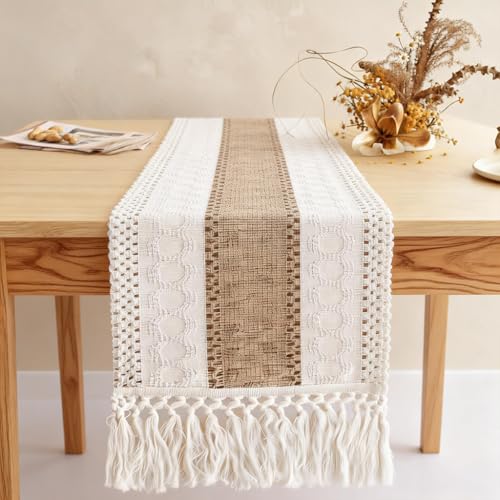 Boho Table Runner with Tassels - Beige 72-Inch Farmhouse Rustic Cotton Linen Blend
