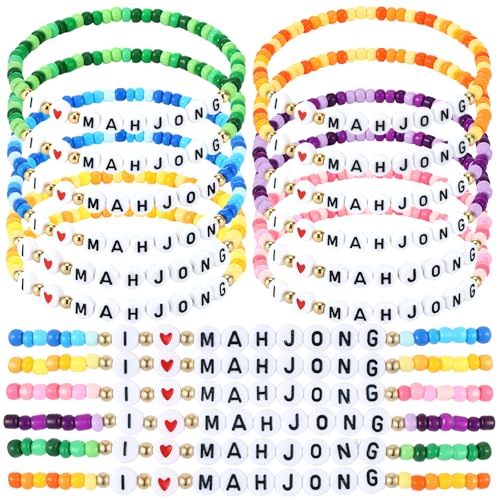 I Love Mahjong Beaded Bracelet Set - 12 Pcs Colorful Stretch Jewelry