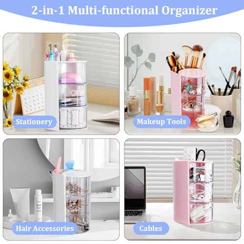 Pink 3-Tier Hair Accessories Organizer with Makeup Brush Holder