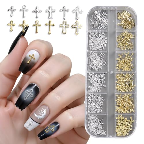 FSpronail 3D Metal Cross Nail Charms - Gold & Silver Y2K Art Accessories Set
