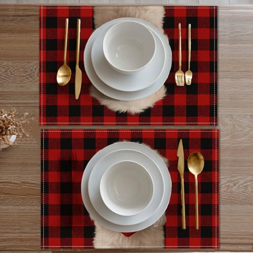HOMETITUTE Valentine Placemats Set of 4 - Red Plaid Puppy Design