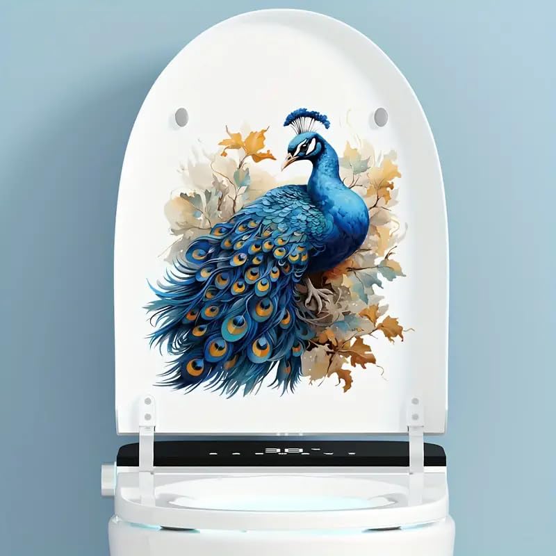 Peacock Blue Floral Toilet Seat Decal - Self-Adhesive Bathroom Sticker