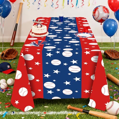 Baseball Party Tablecloths - 3-Pack Disposable Plastic Covers 54 x 108 Inch