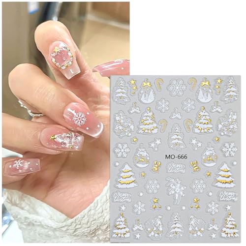 TailaiMei Embossed Christmas Nail Decals Gold Xmas Tree Stickers 3 Sheets