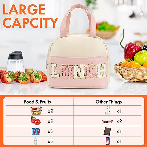 Insulated Lunch Bag for Women and Men - PU Leather Small Office Tote with Variation B-White&Pink