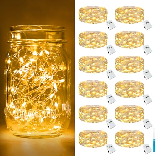 Warm White Fairy Lights Battery Operated 12 Pack with 3 Modes - 7FT Silver Wire