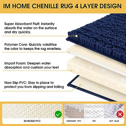 ACCUMTEK Luxury Navy Blue Bathroom Rug Mat 32"x20" - Ultra Soft Chenille, Non-Slip